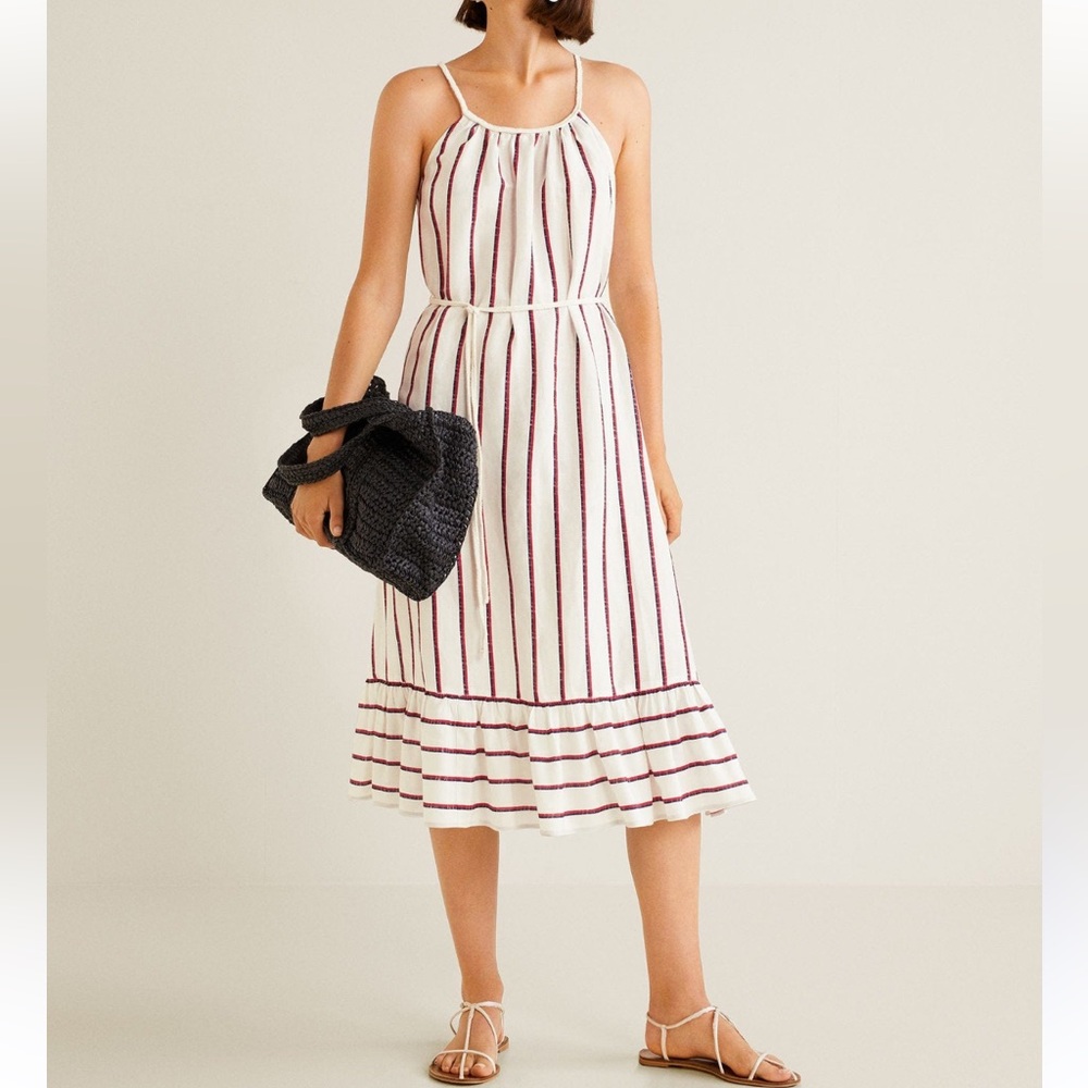 Mango MNG Striped Linen blend Ruffle Dress